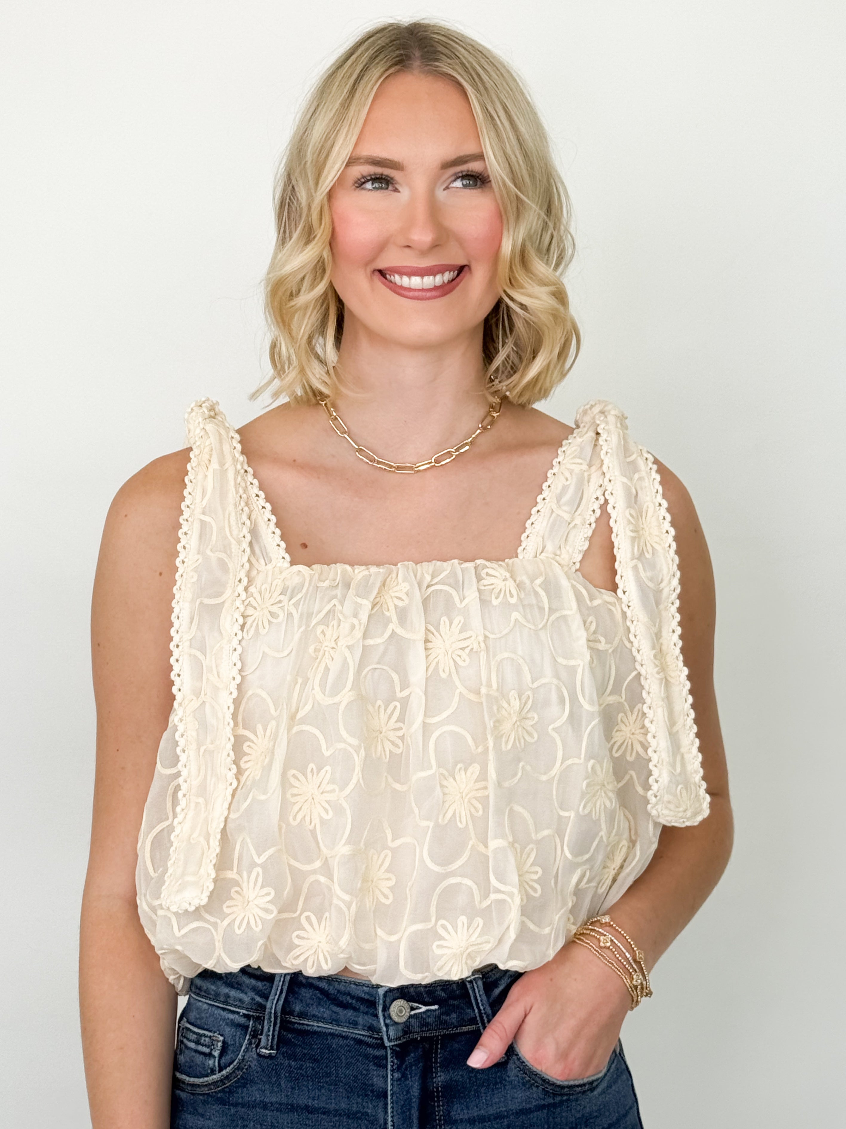 Camryn - 3D Flower Tie Shoulder Bubble Top