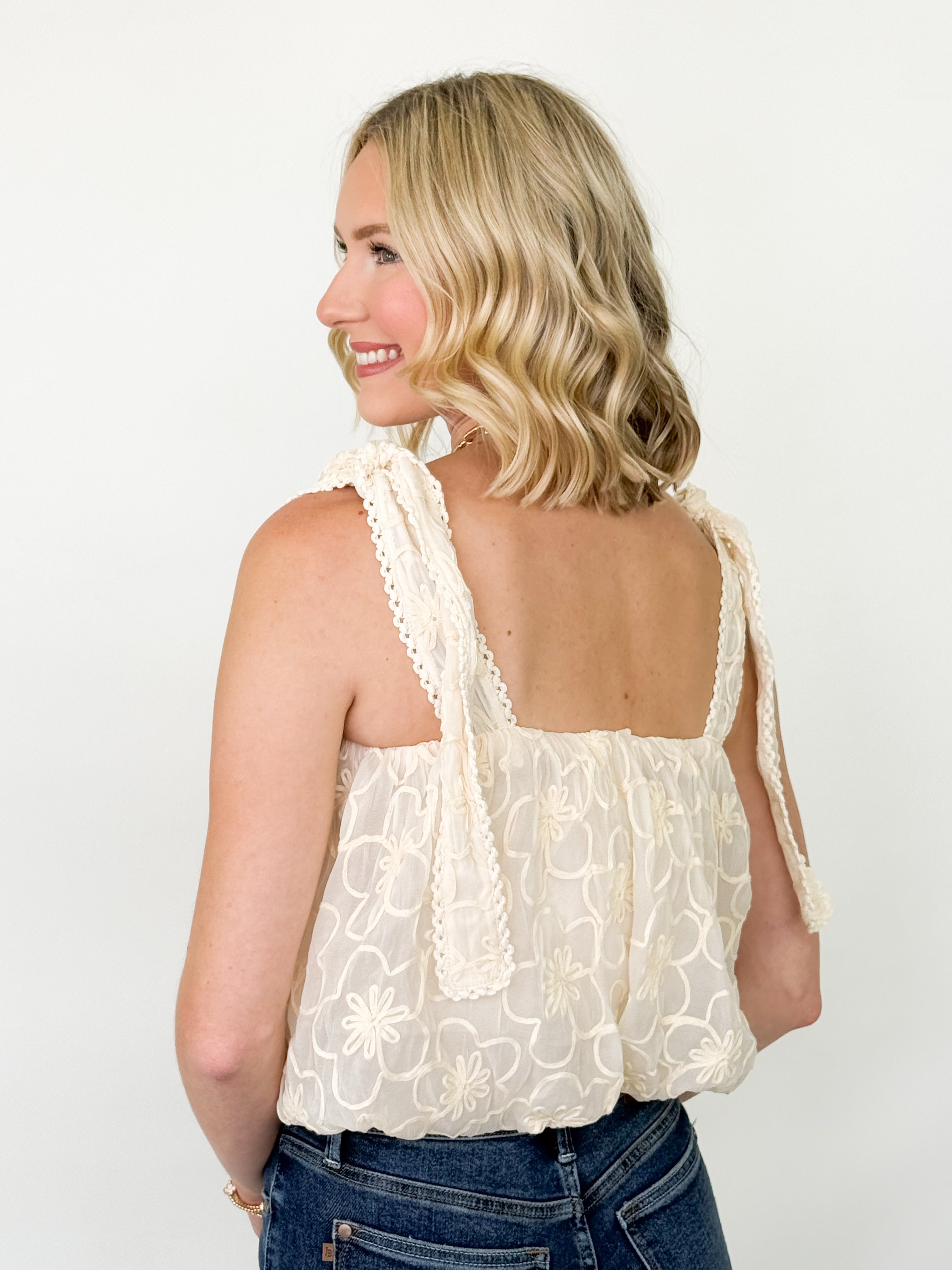 Camryn - 3D Flower Tie Shoulder Bubble Top