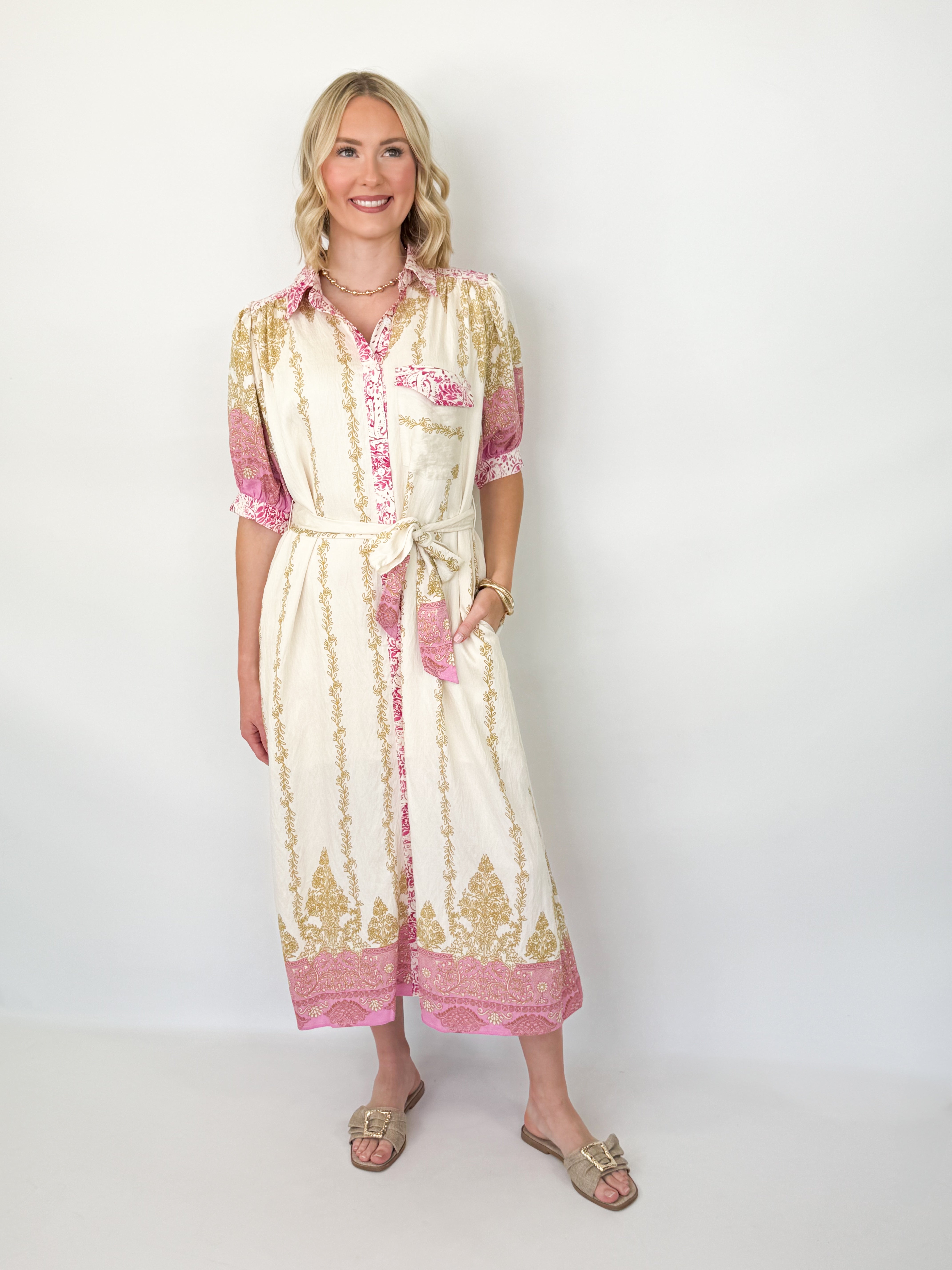 Kelly - Pink Floral Midi Dress