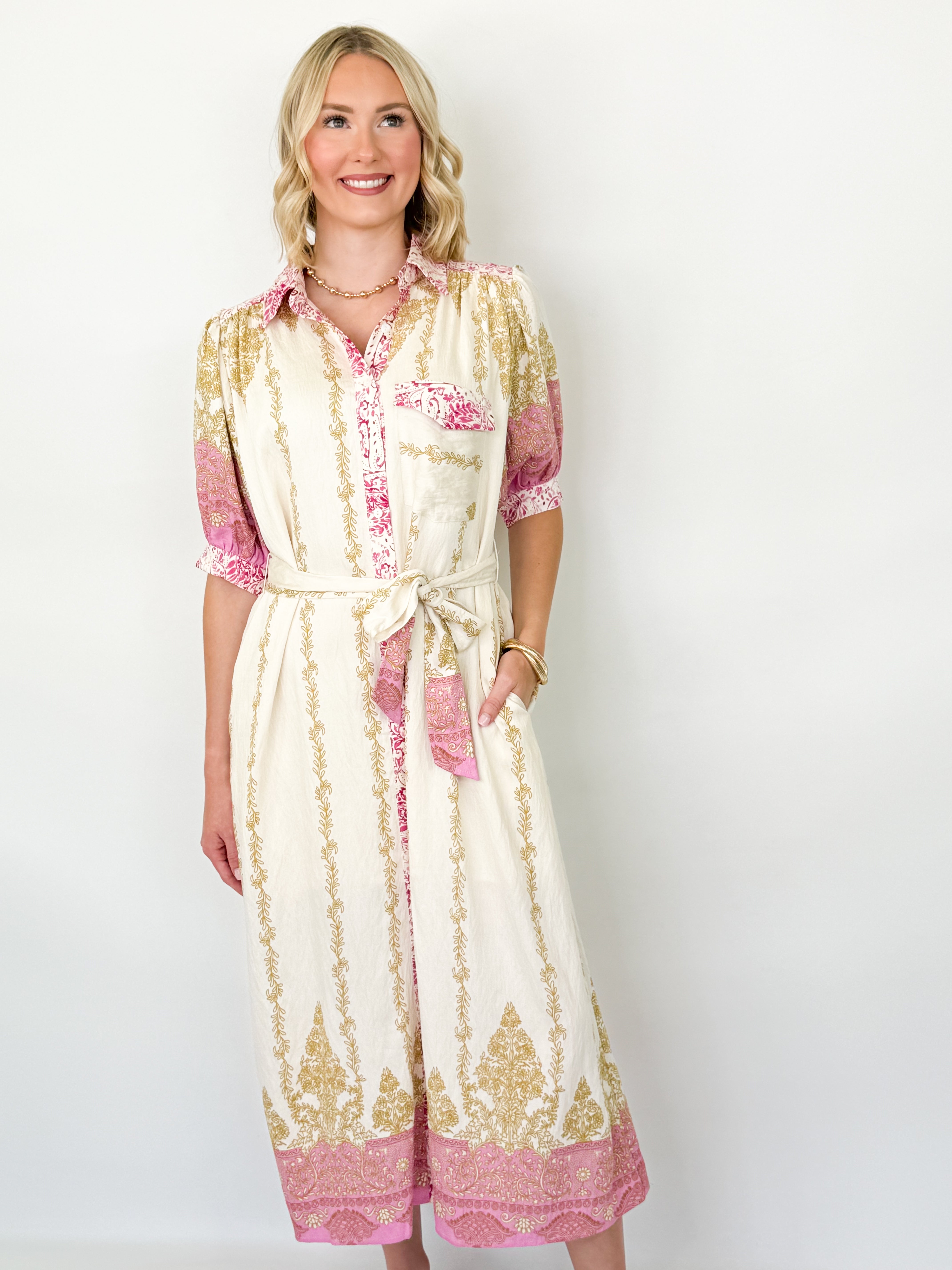 Kelly - Pink Floral Midi Dress