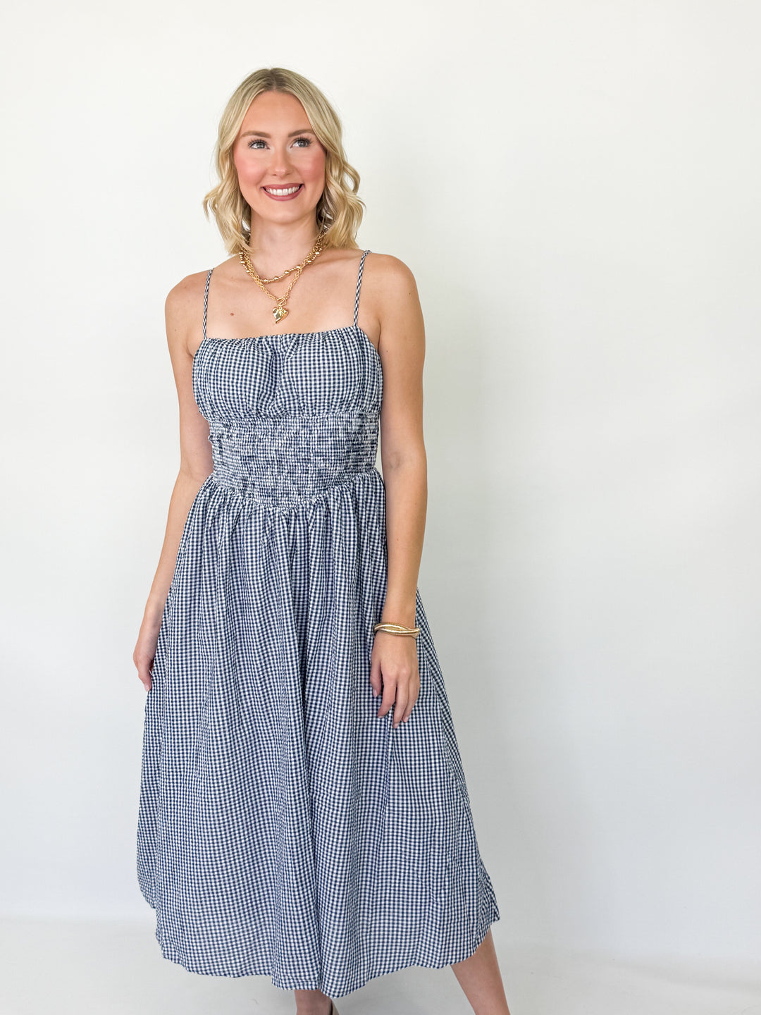 Paris - Navy Gingham Midi Dress