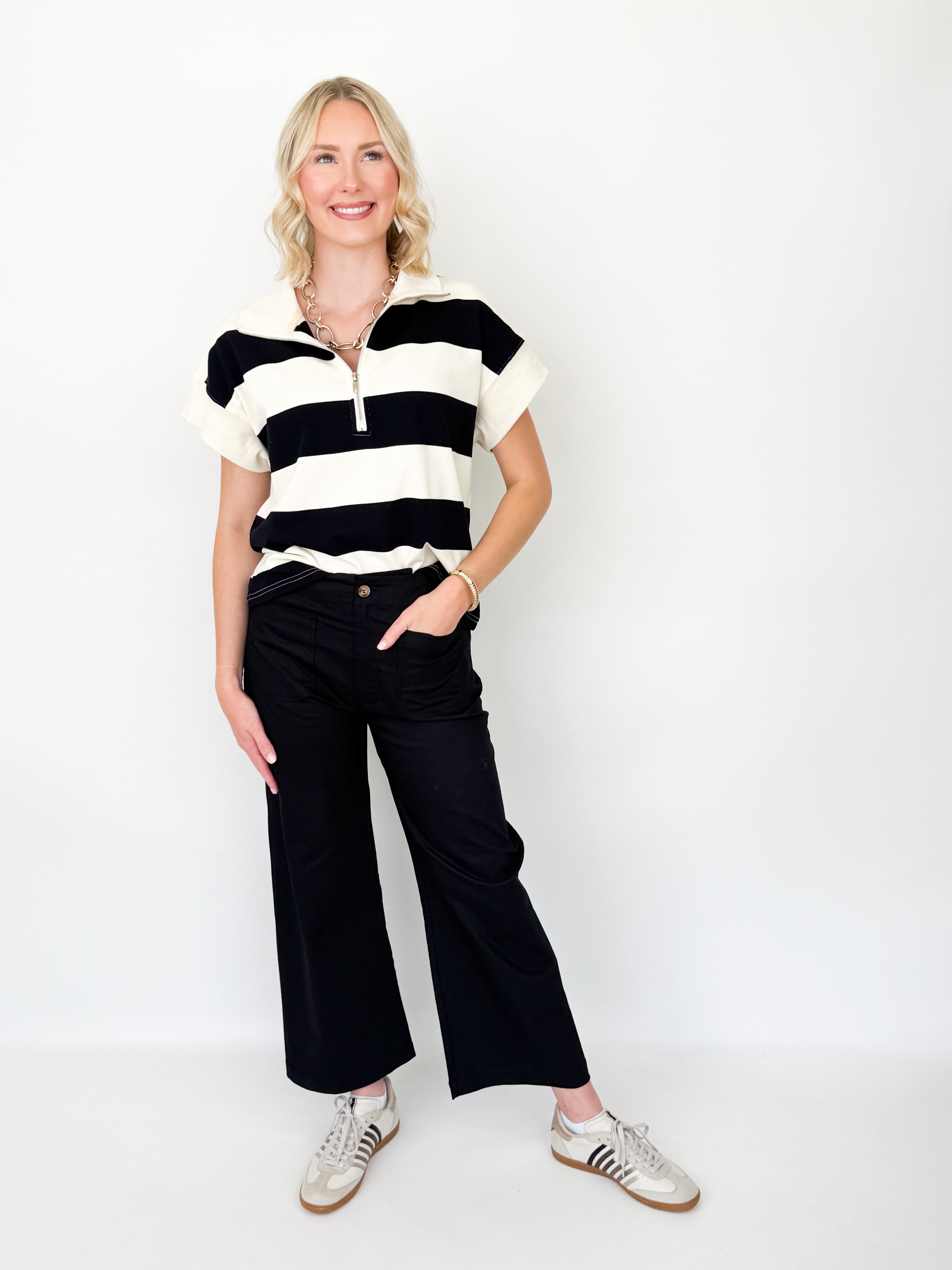 Barbara - Black + White Striped Half Zip Top