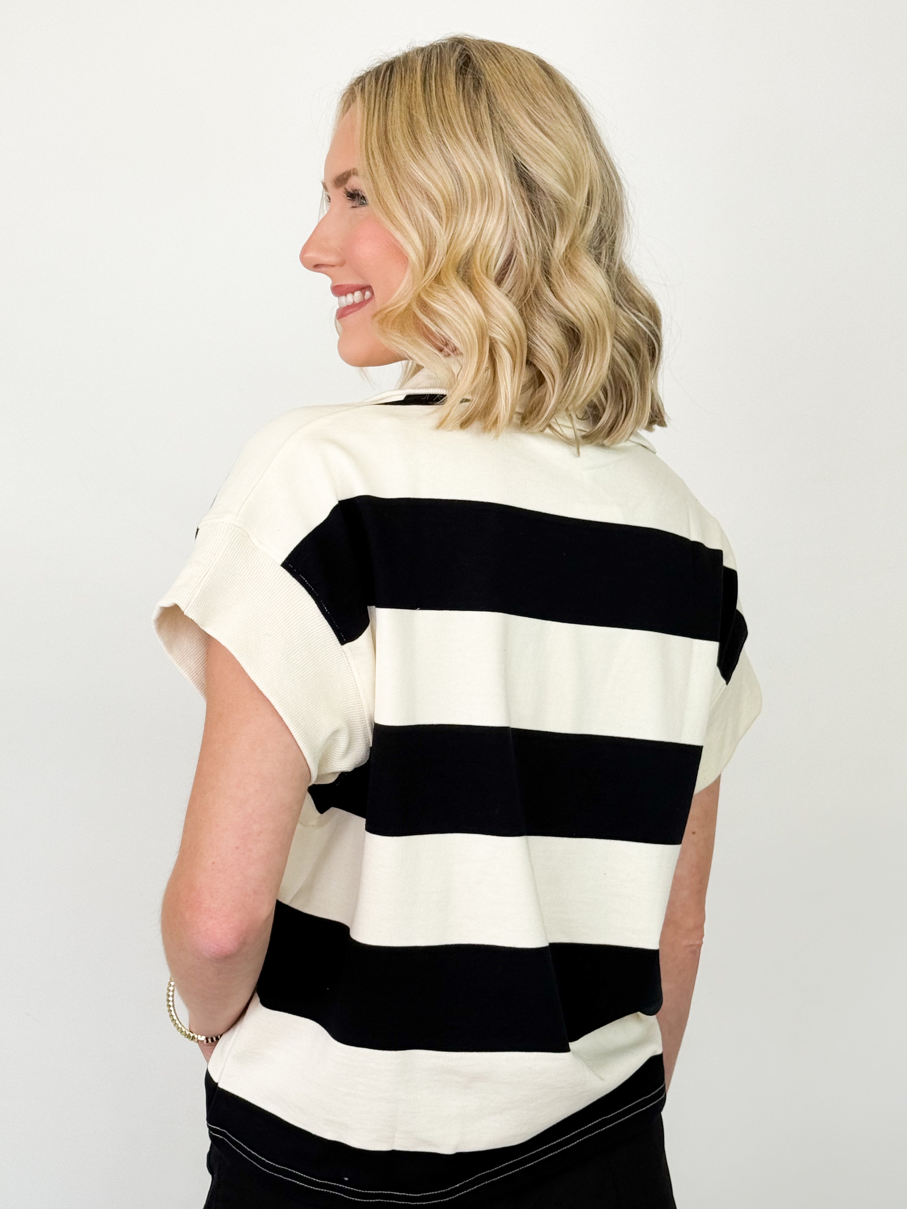Barbara - Black + White Striped Half Zip Top