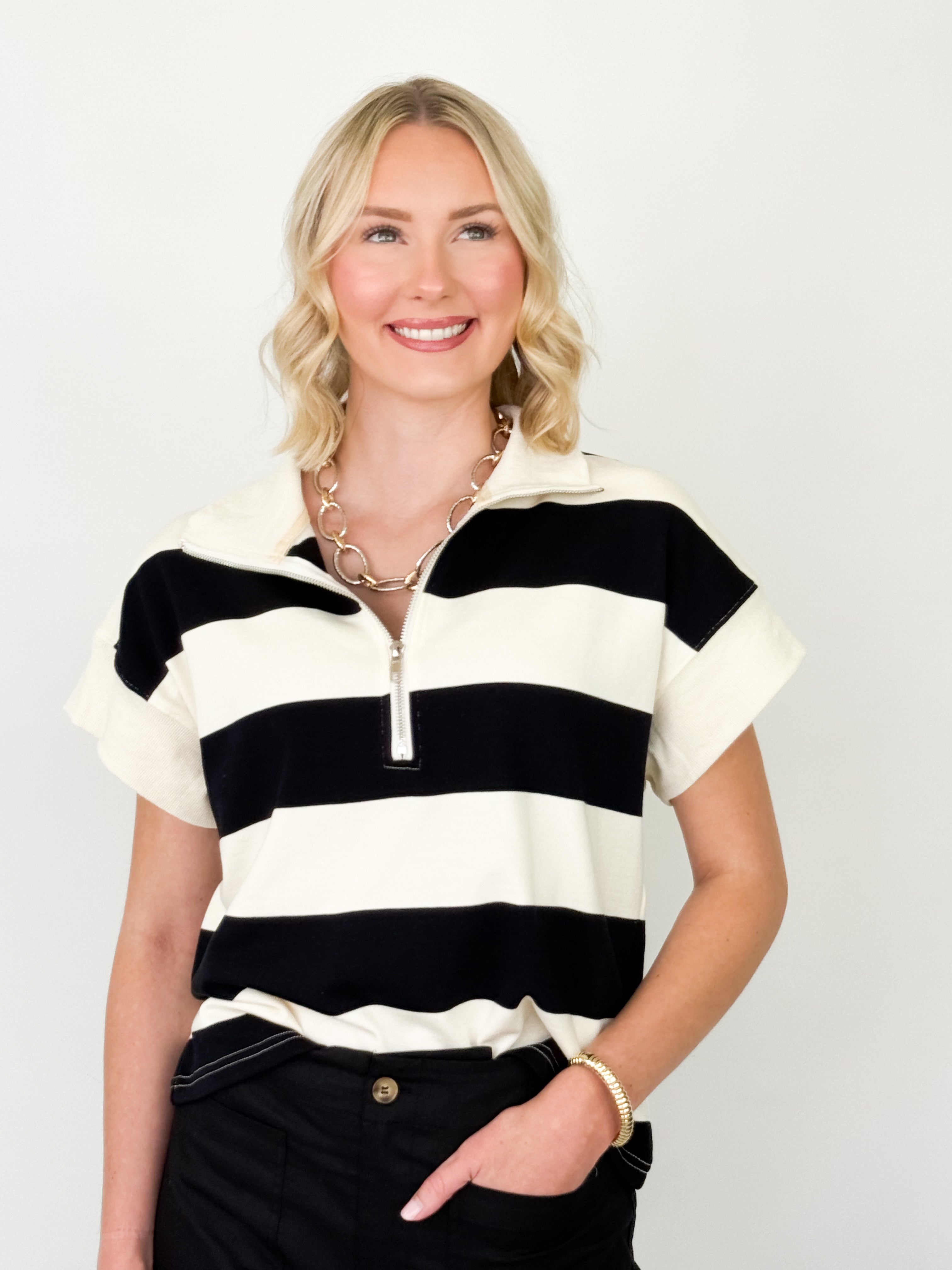 Barbara - Black + White Striped Half Zip Top