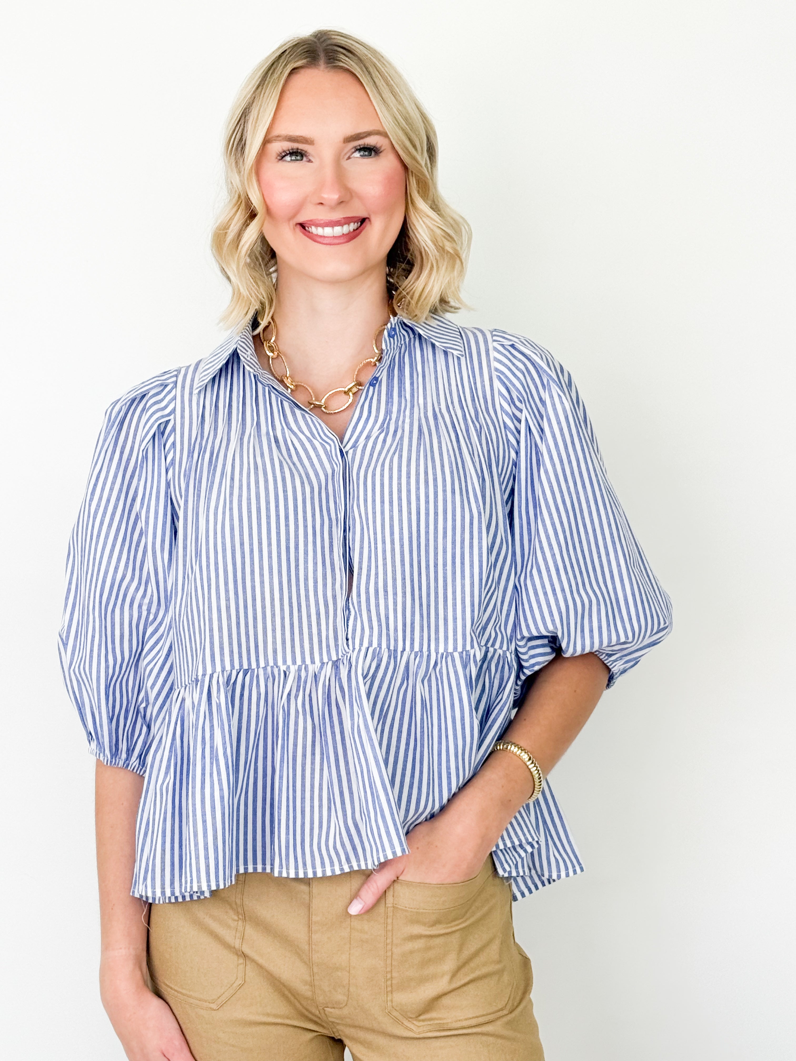 Raegan - Blue Striped Long Sleeve Blouse