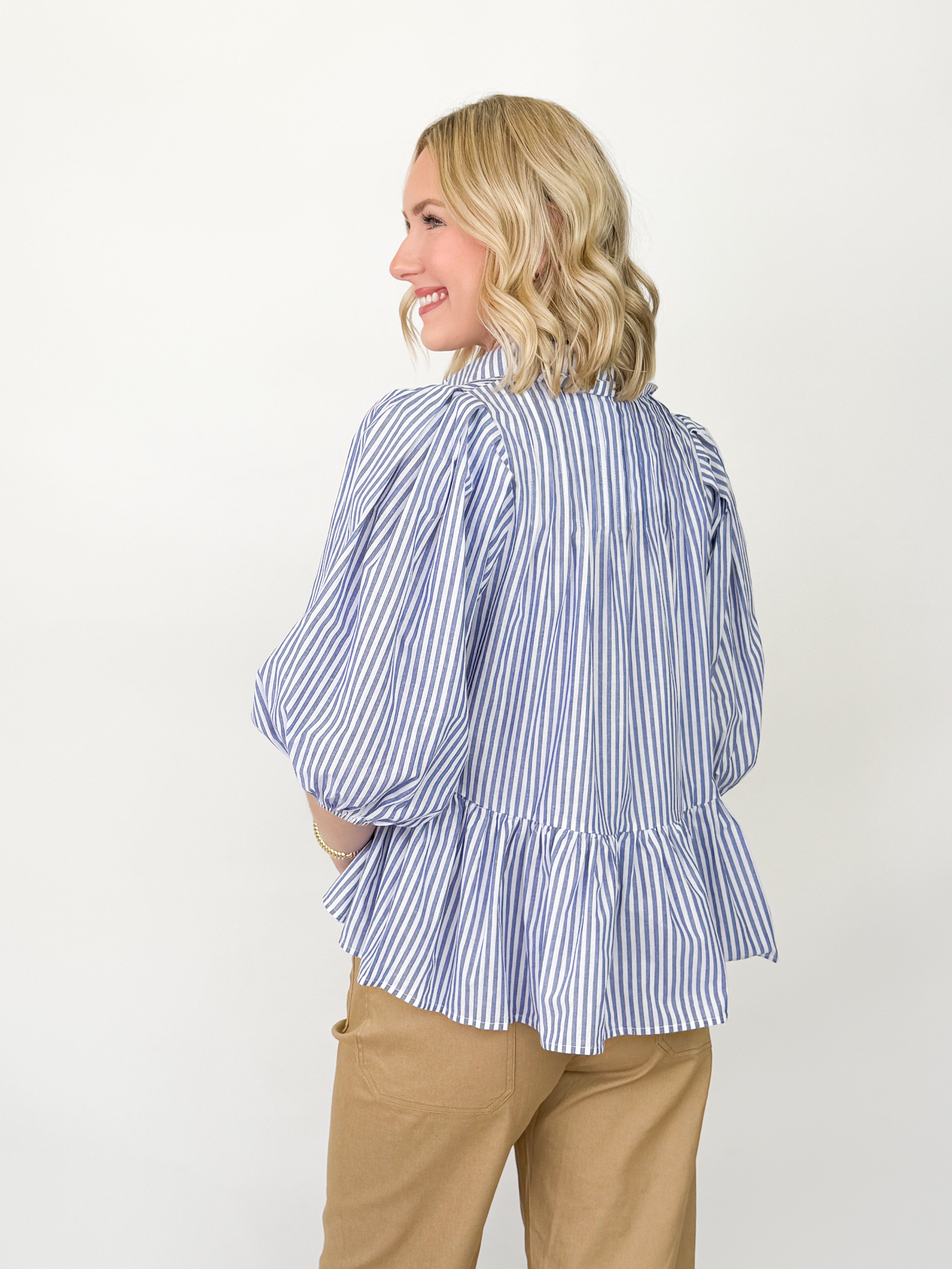 Raegan - Blue Striped Long Sleeve Blouse
