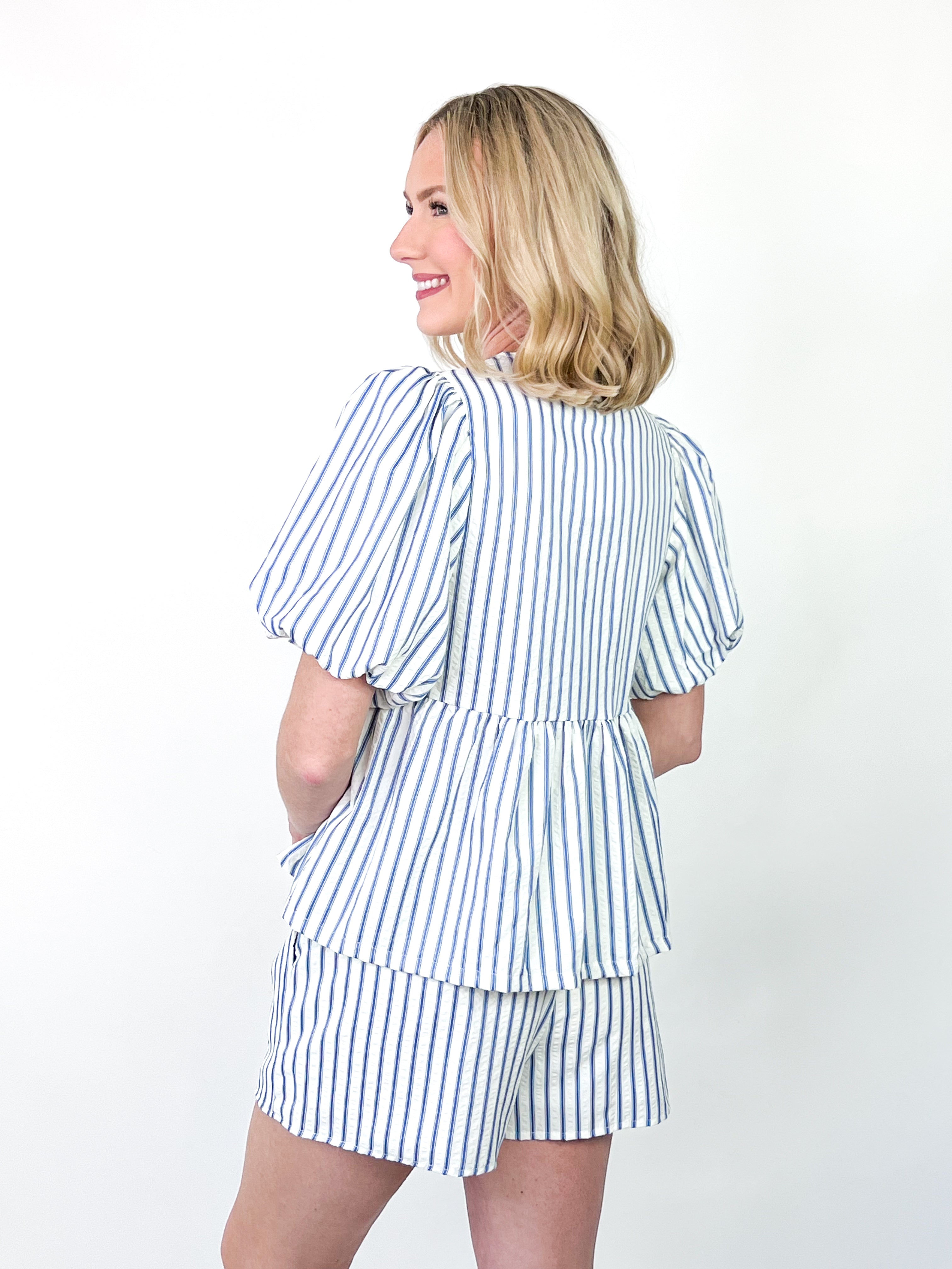 Raegan - Striped Puff Sleeve Shorts Set