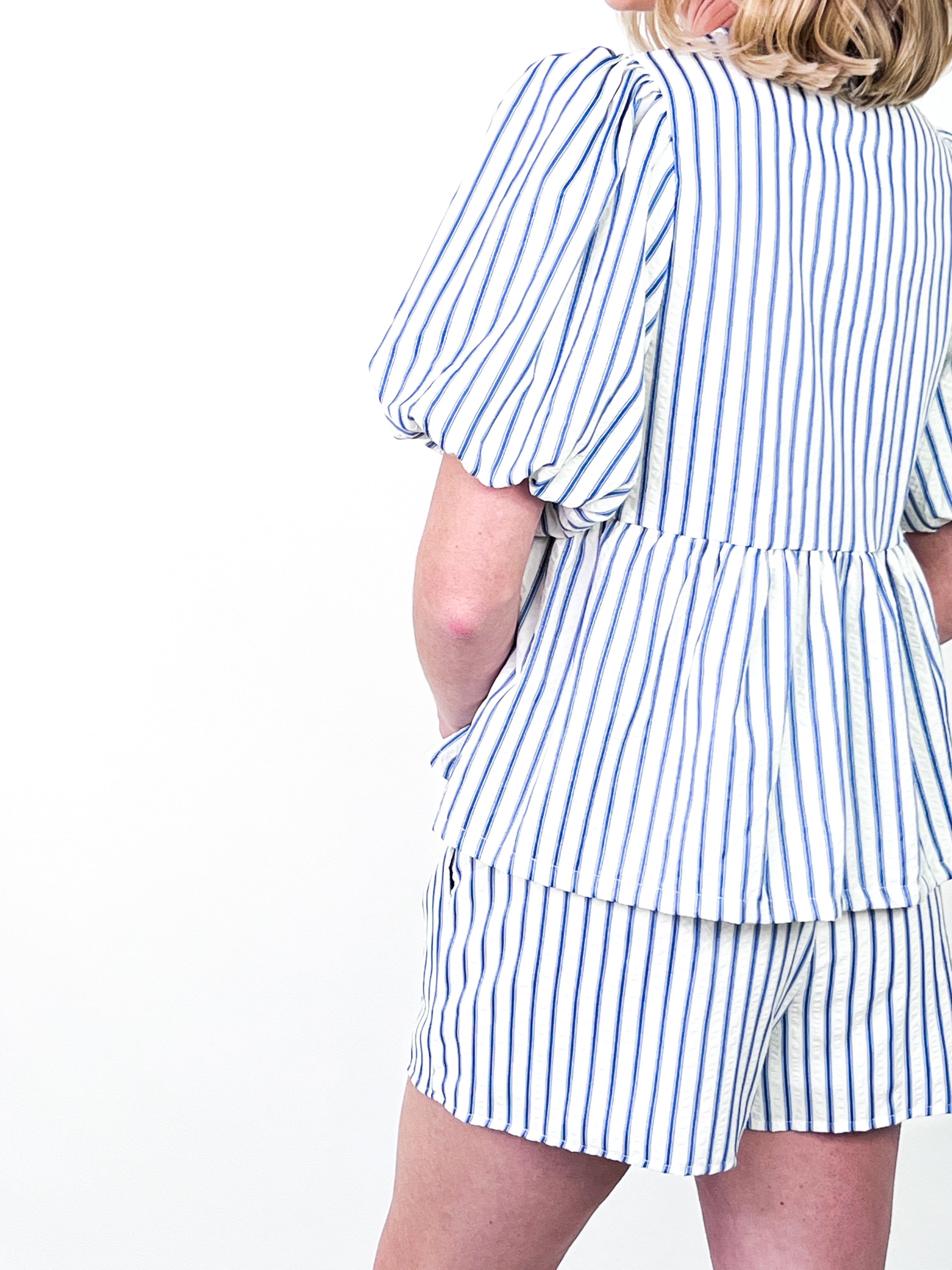 Raegan - Striped Puff Sleeve Shorts Set