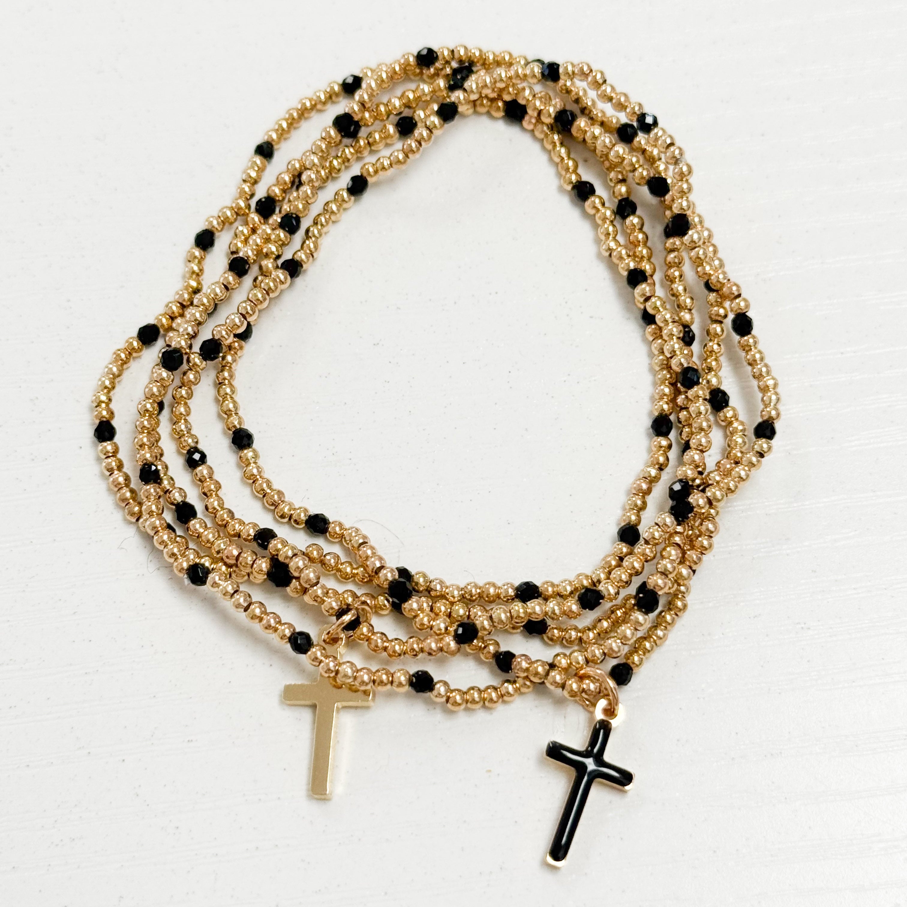 Karyn - Gold + Black Beaded Enamel Cross Bracelet Set
