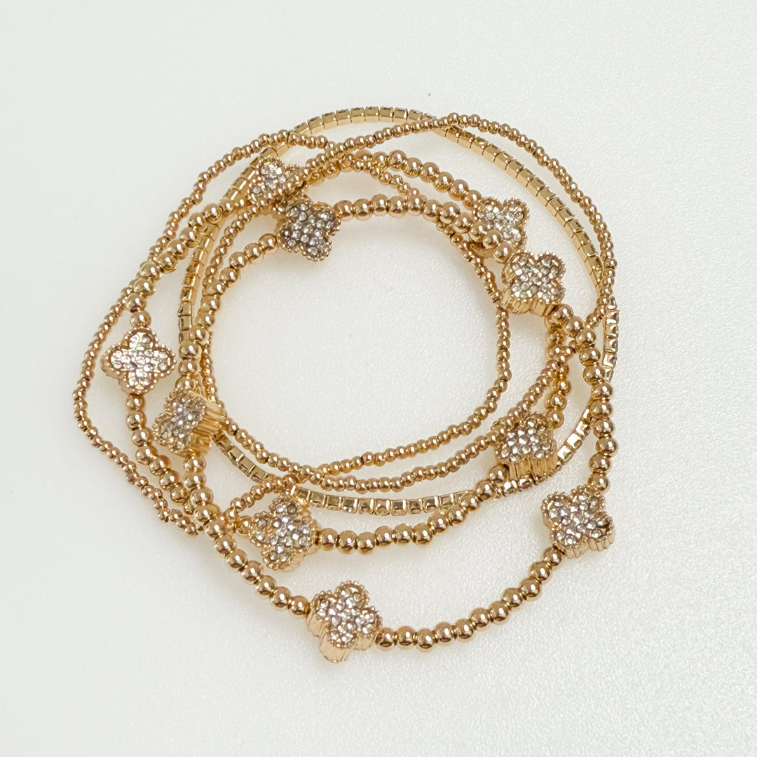 Amberlyn - Gold Beaded Rhinestone Clover Bracelet Set