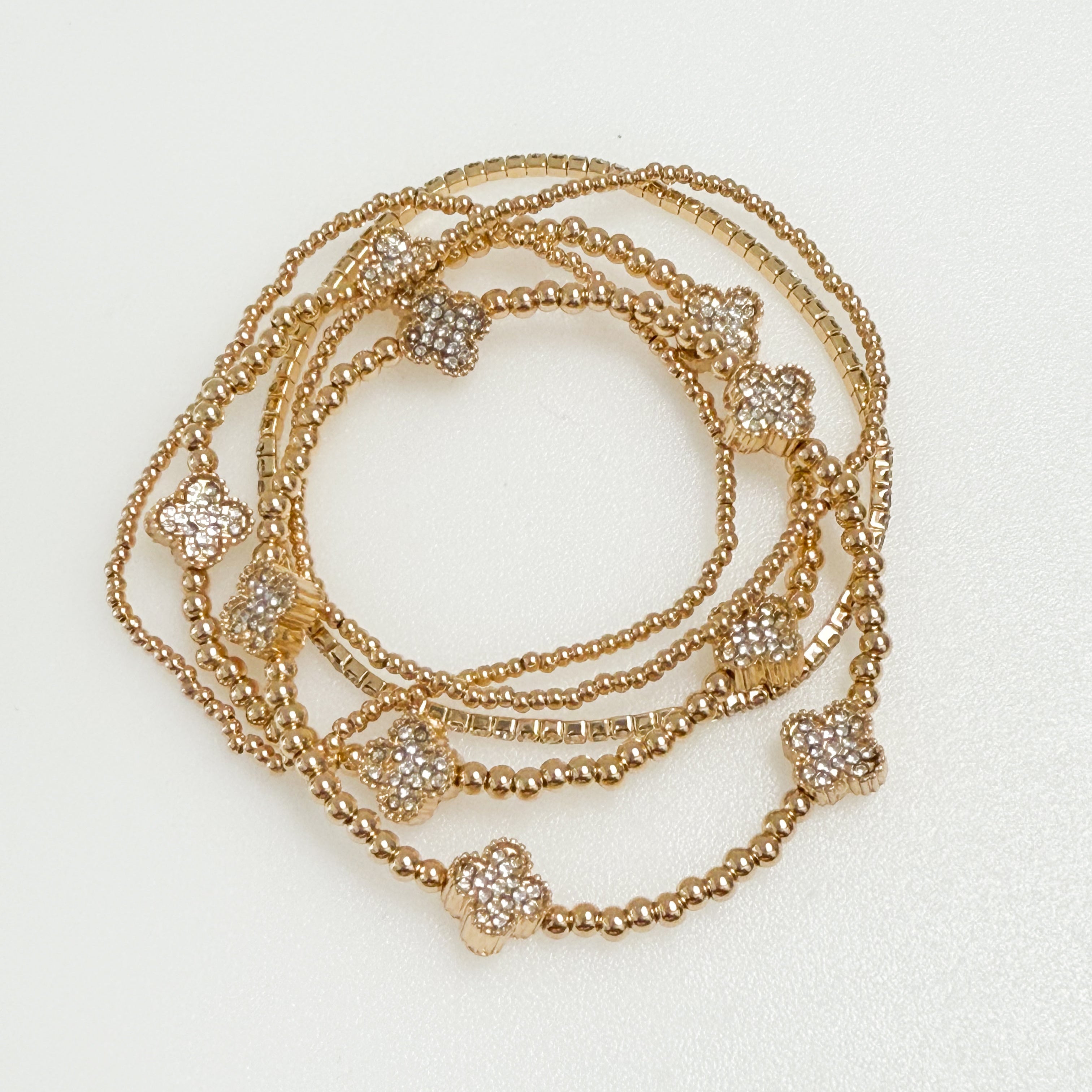 Amberlyn - Gold Beaded Rhinestone Clover Bracelet Set
