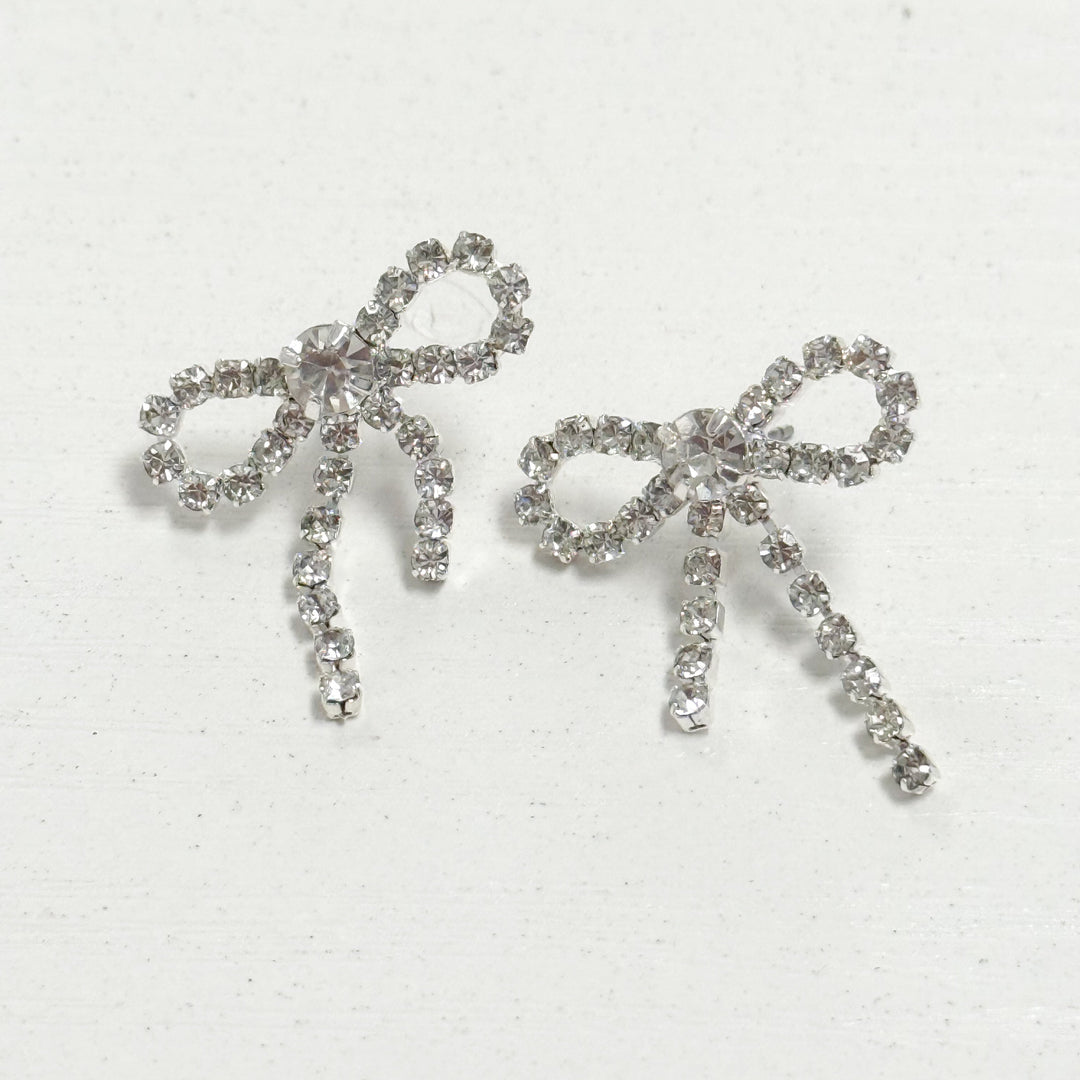Jordyn - Silver Rhinestone Bow Earrings