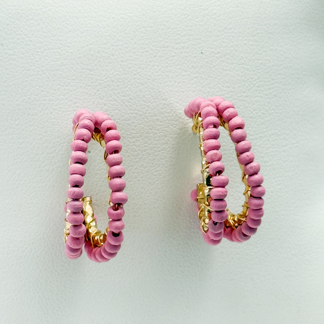 Talia - Wooden Beaded Oval Hoops (Light Pink)