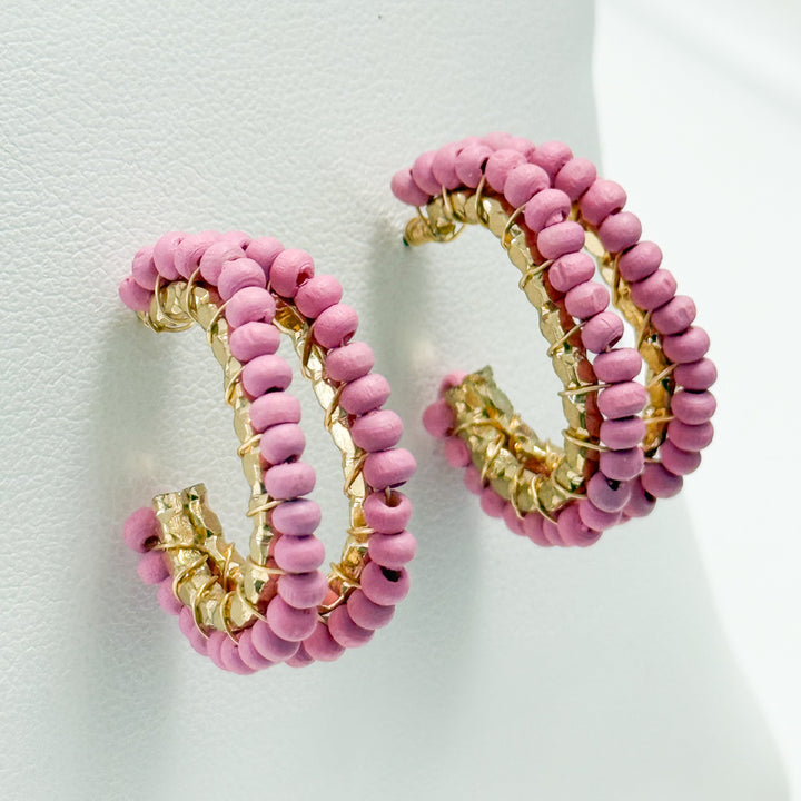 Talia - Wooden Beaded Oval Hoops (Light Pink)