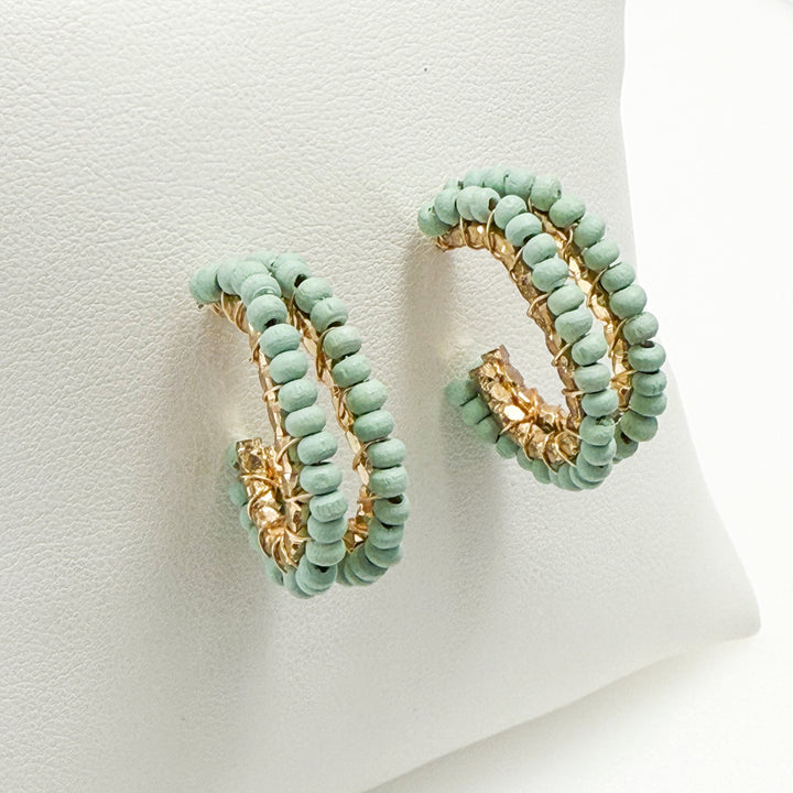 Talia - Wooden Beaded Oval Hoops (Mint)