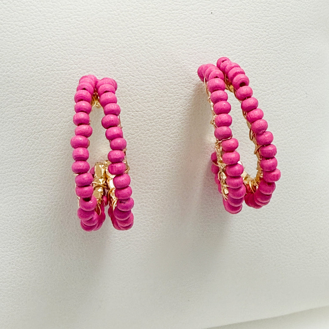 Talia - Wooden Beaded Oval Hoops (Hot Pink)