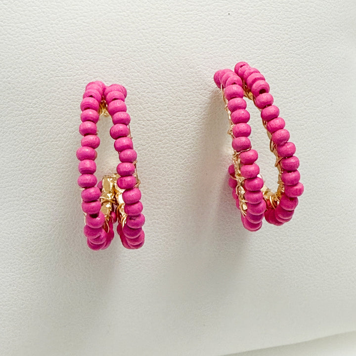 Talia - Wooden Beaded Oval Hoops (Hot Pink)