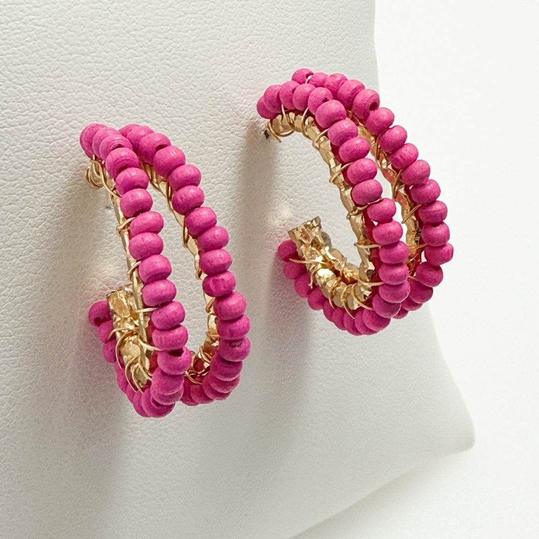 Talia - Wooden Beaded Oval Hoops (Hot Pink)