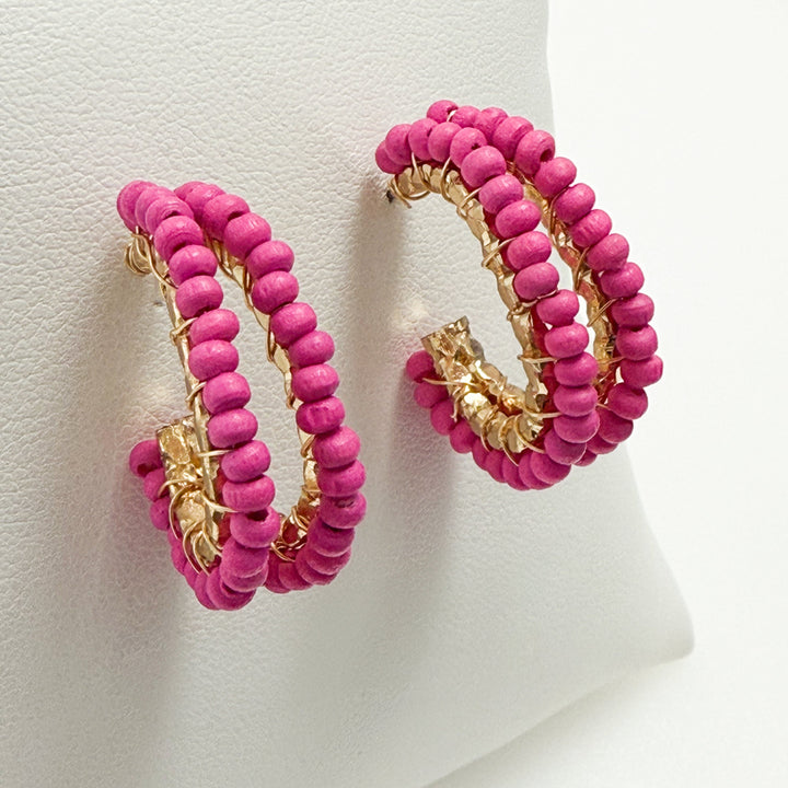 Talia - Wooden Beaded Oval Hoops (Hot Pink)