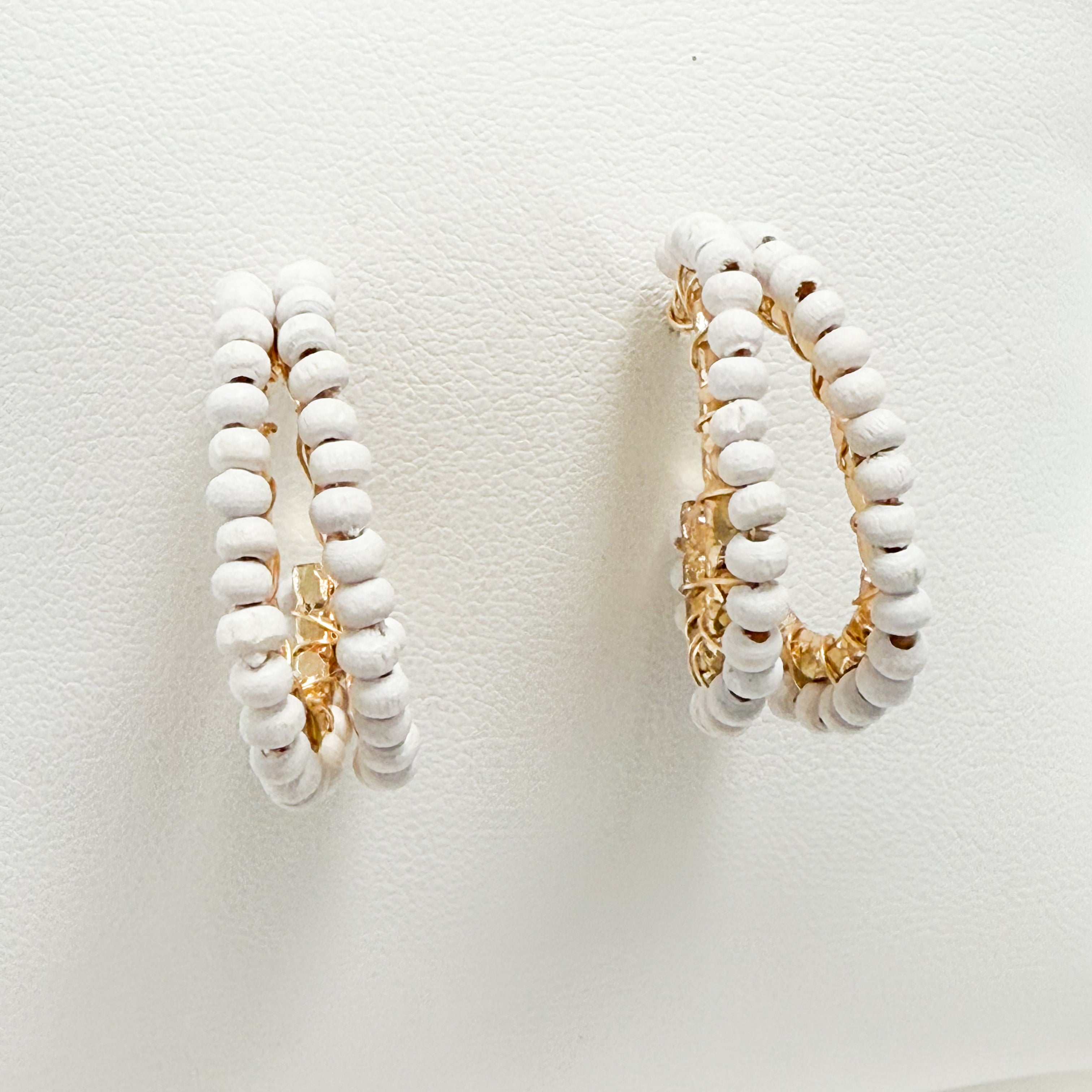Talia - Wooden Beaded Oval Hoops (White)