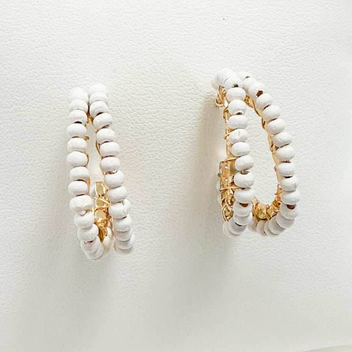 Talia - Wooden Beaded Oval Hoops (White)