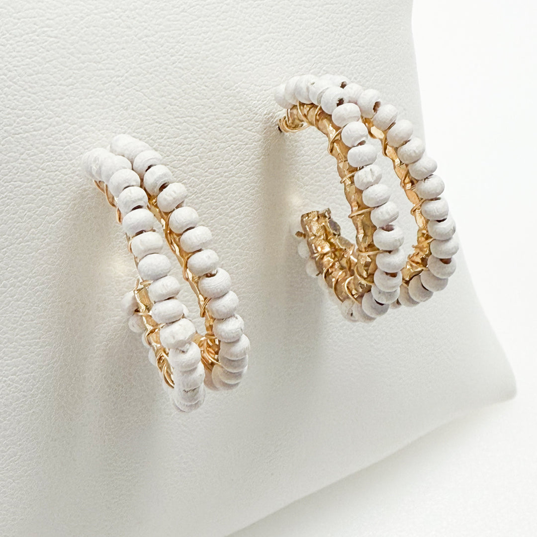 Talia - Wooden Beaded Oval Hoops (White)