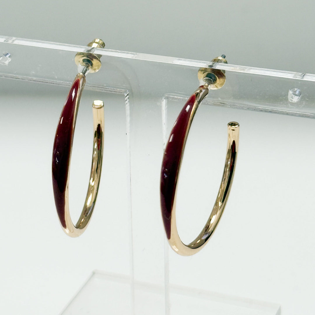 Nadia - Gold Enamel Hoop Earrings (Maroon)