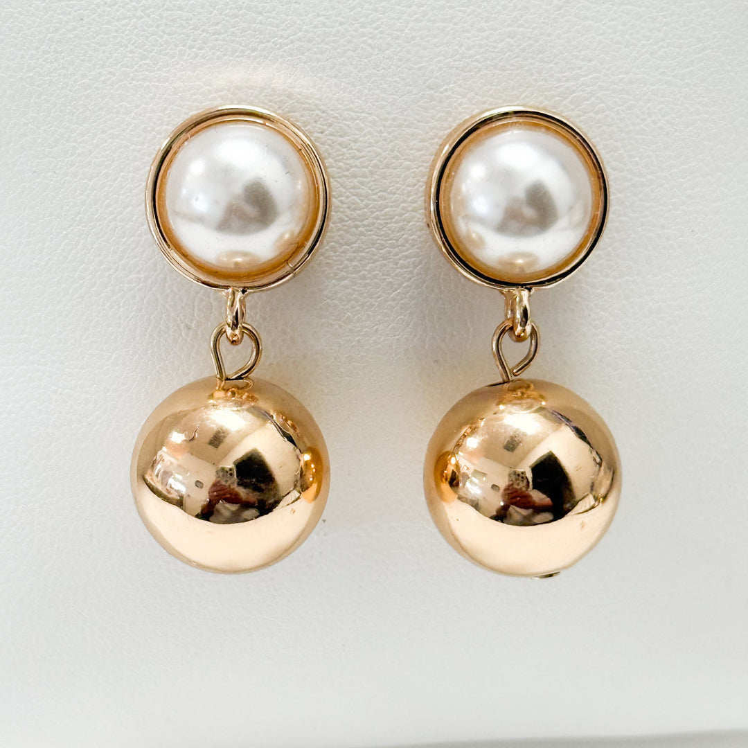 Amanda - Pearl/ Gold Ball Drop Earrings