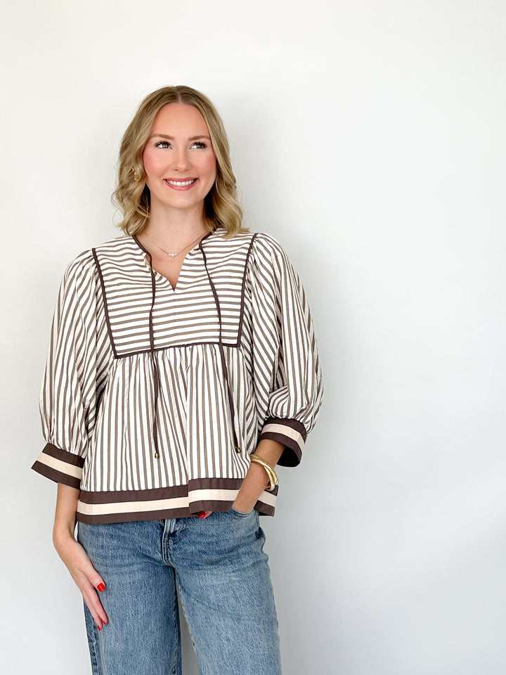 Wanda - Brown Striped Long Sleeve Babydoll Top