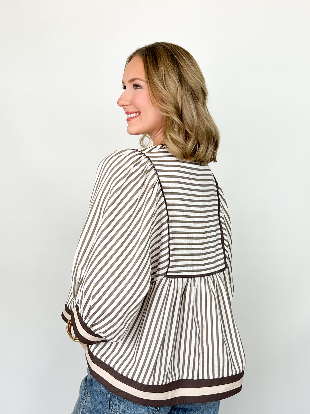 Wanda - Brown Striped Long Sleeve Babydoll Top