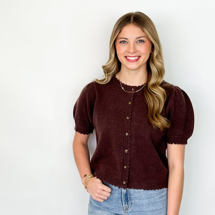 Dani - Brown Scalloped Hem Button Down Cardigan