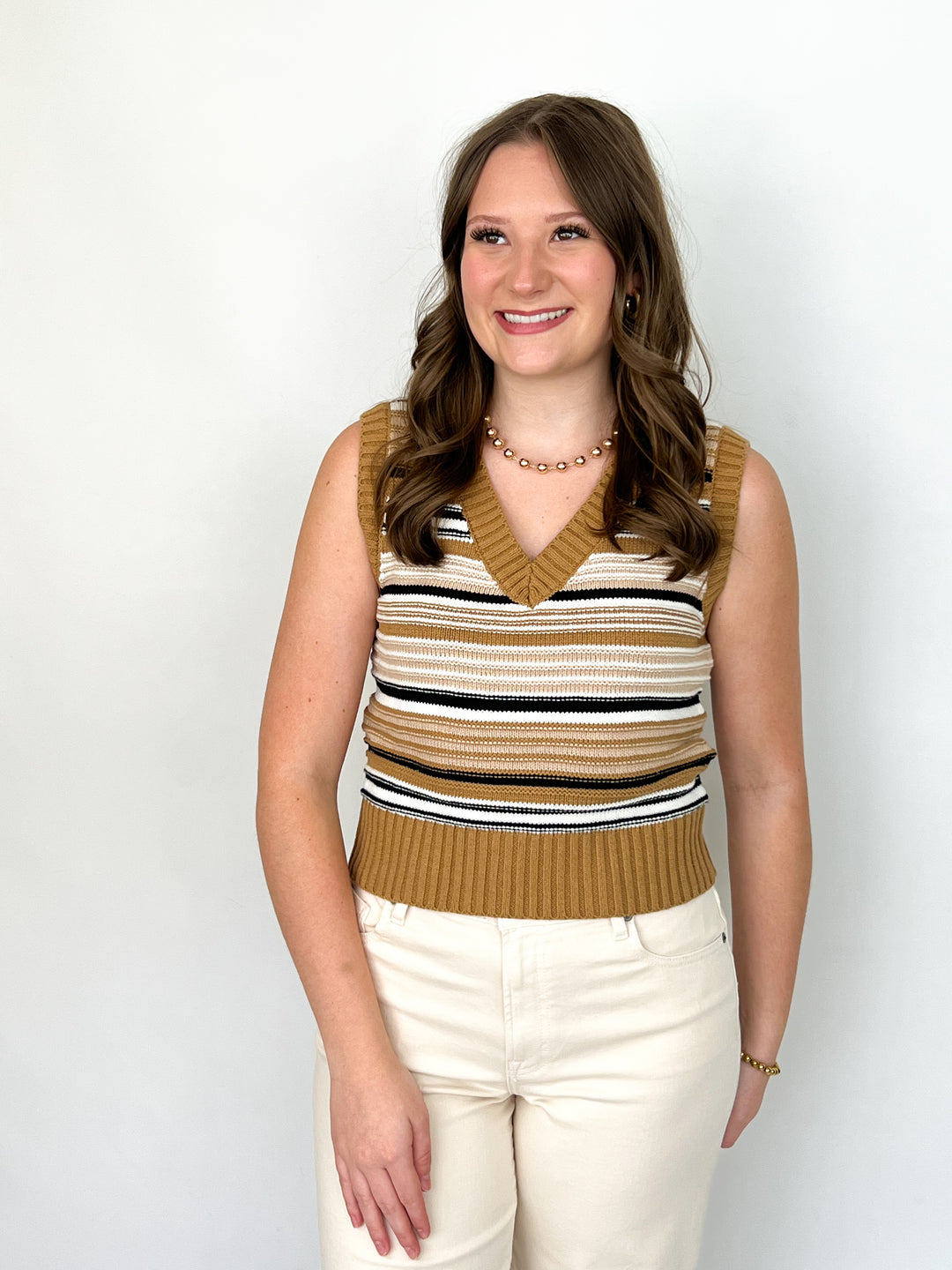 Cammie - Camel Striped Sweater Vest