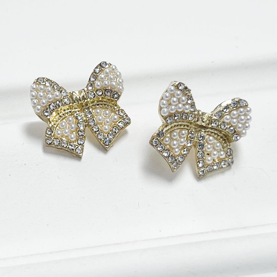 Quincey - Pearl + Rhinestone Bow Earrings