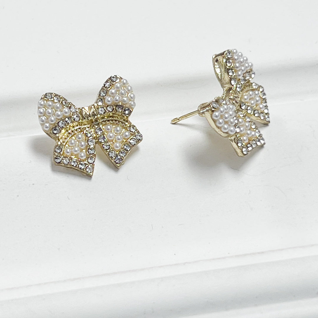 Quincey - Pearl + Rhinestone Bow Earrings