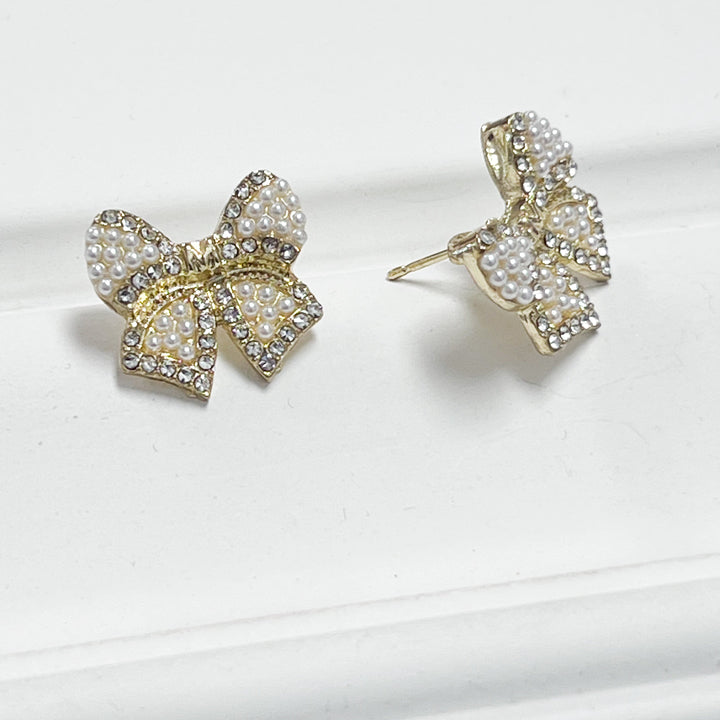 Quincey - Pearl + Rhinestone Bow Earrings