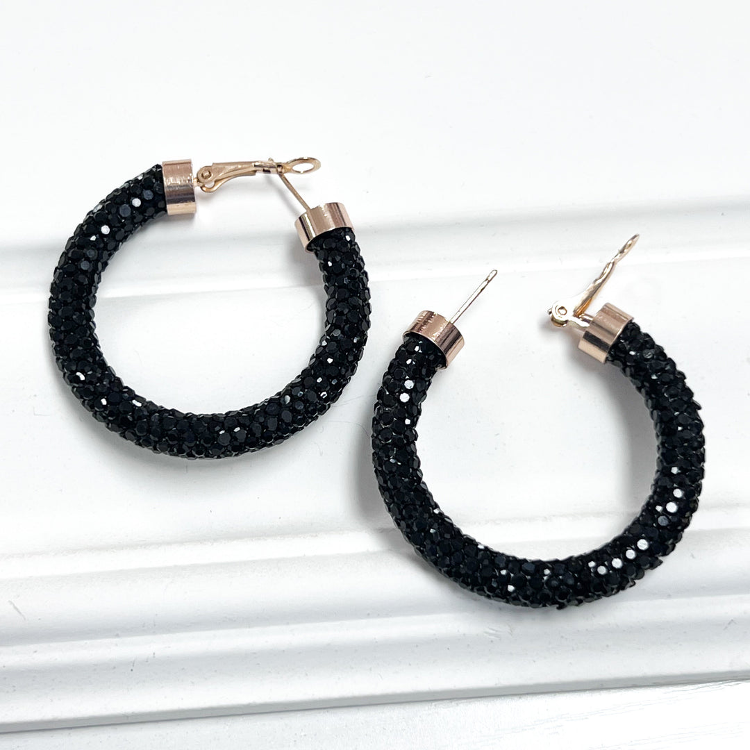 Erika - Black Rhinestone Hoop Earrings