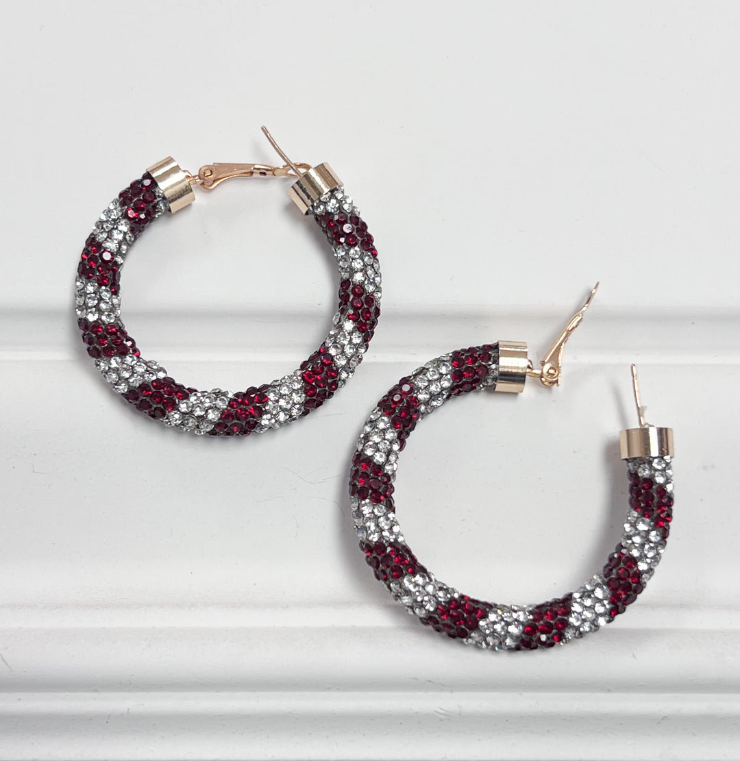 Riley - Maroon + Silver Rhinestone Hoop Earrings