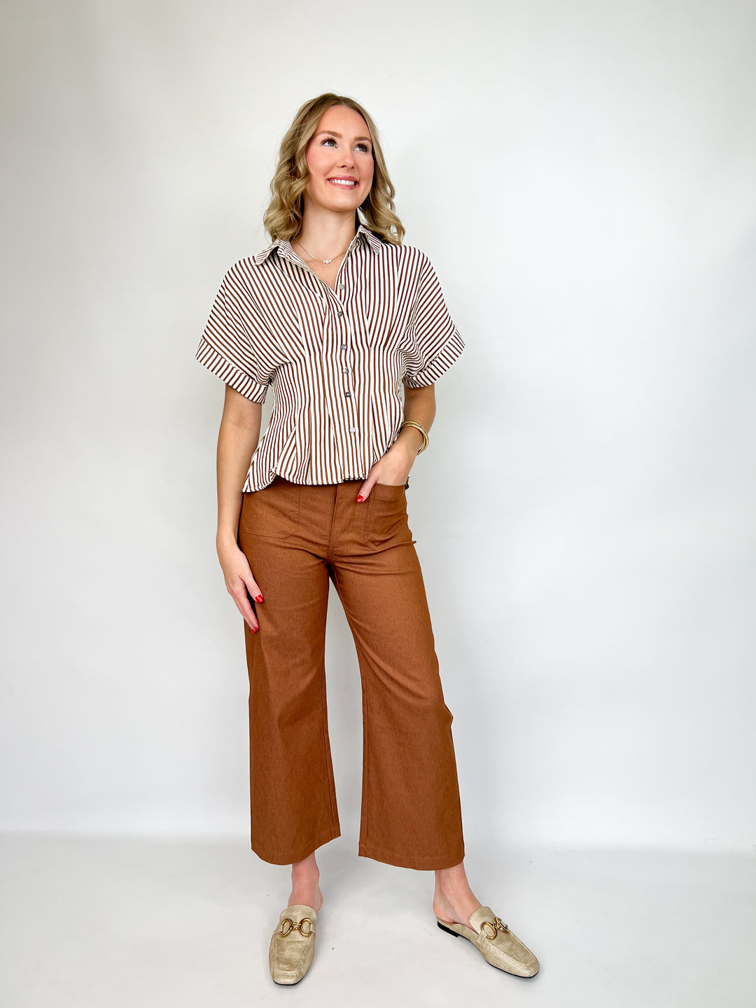 Channing - Brown Striped Pintuck Blouse