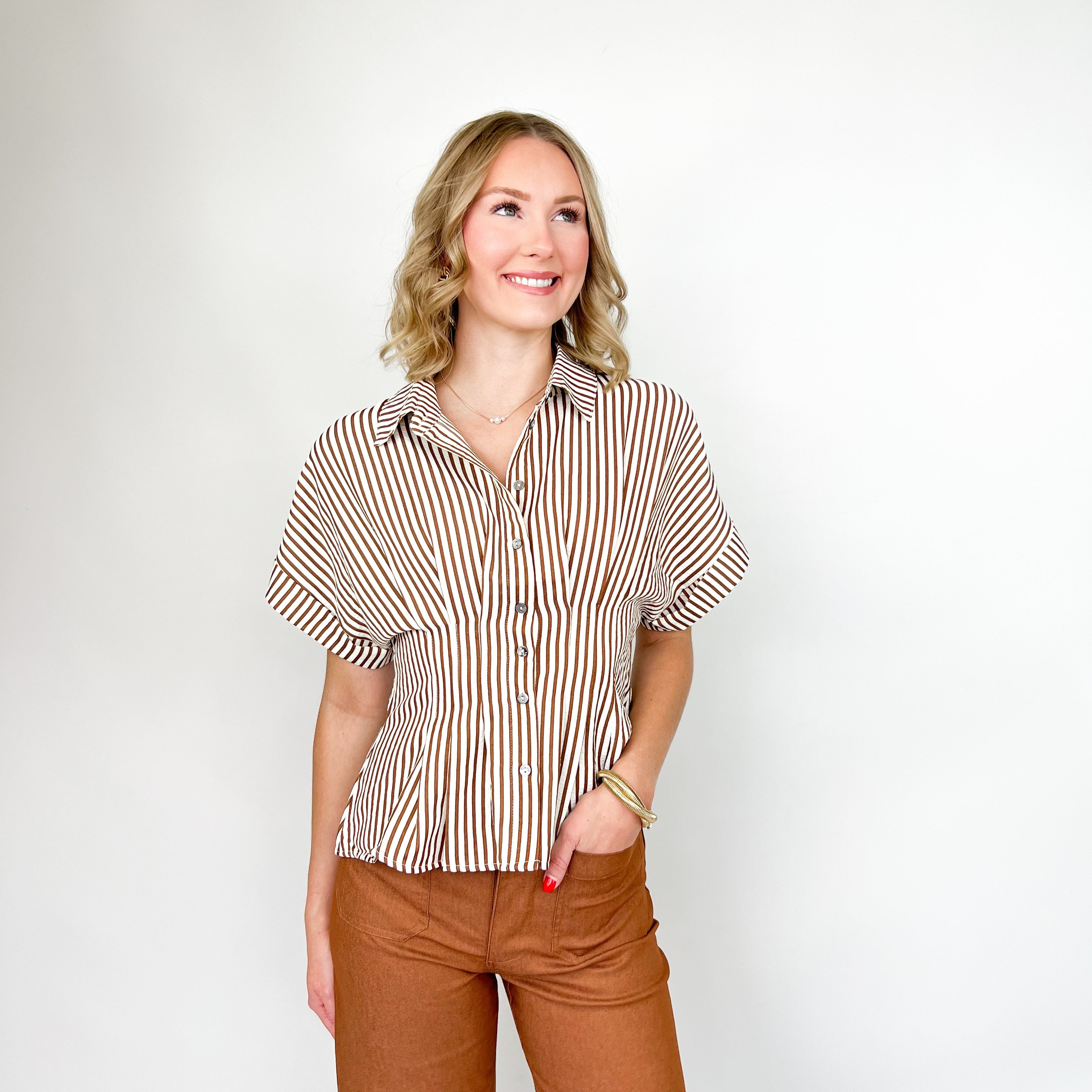Channing - Brown Striped Pintuck Blouse