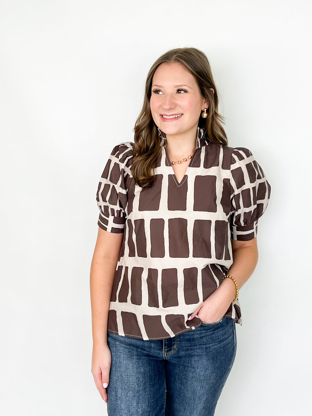 Victoria - Brown Abstract Print Blouse