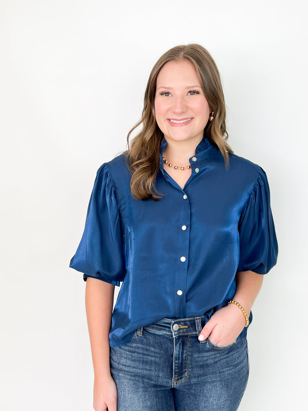 Cheryl - Navy Ruffle Neck Puff Sleeve Blouse