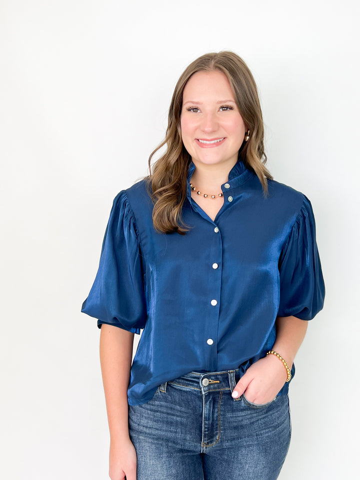 Cheryl - Navy Ruffle Neck Puff Sleeve Blouse