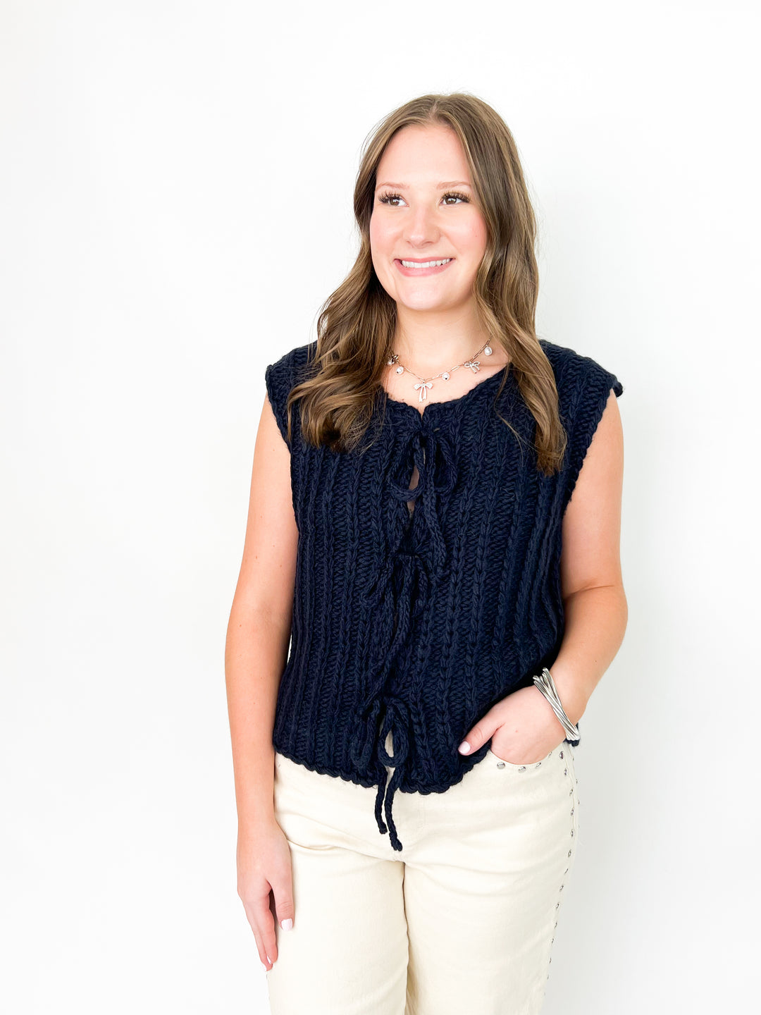 Makenzie - Front Tie Sweater Vest (Navy)