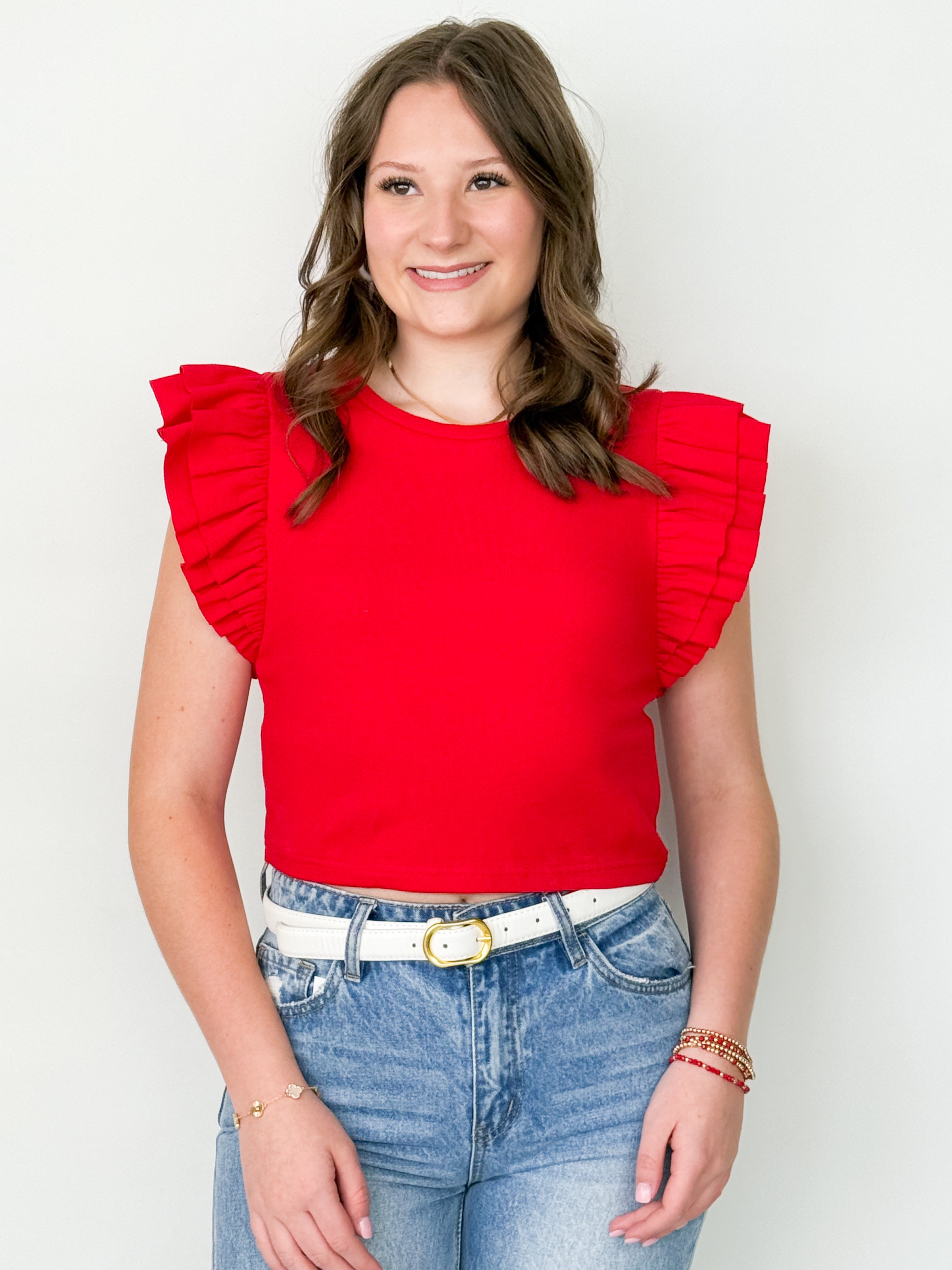 Addy - Ribbed Ruffle Sleeve Top (Red)