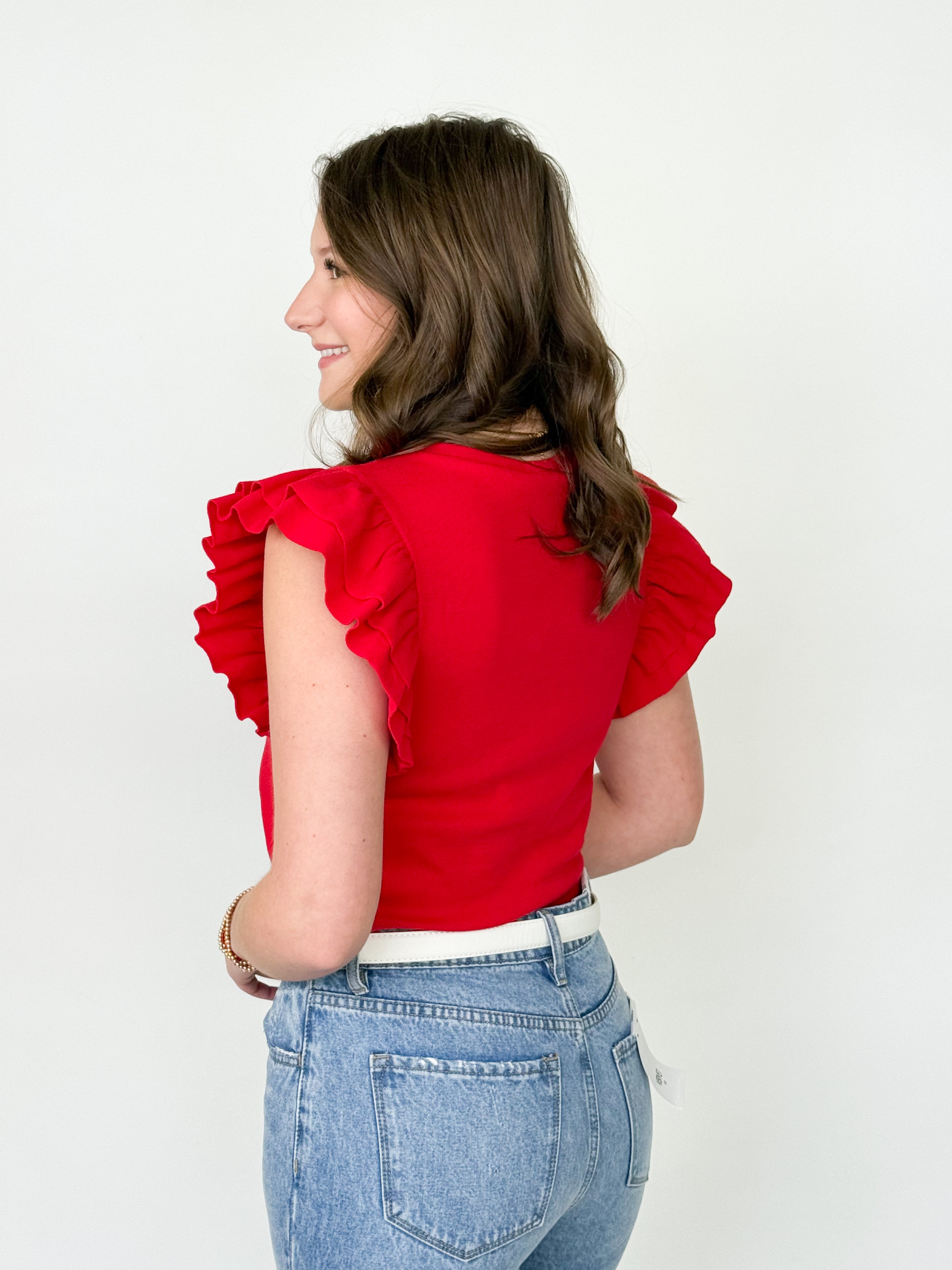 Addy - Ribbed Ruffle Sleeve Top (Red)