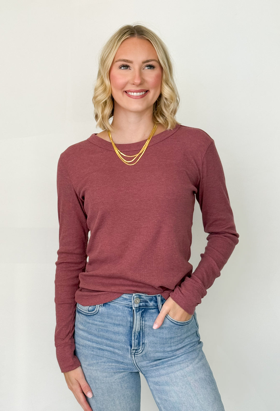 Grayson - Ribbed Long Sleeve Top (Maroon)