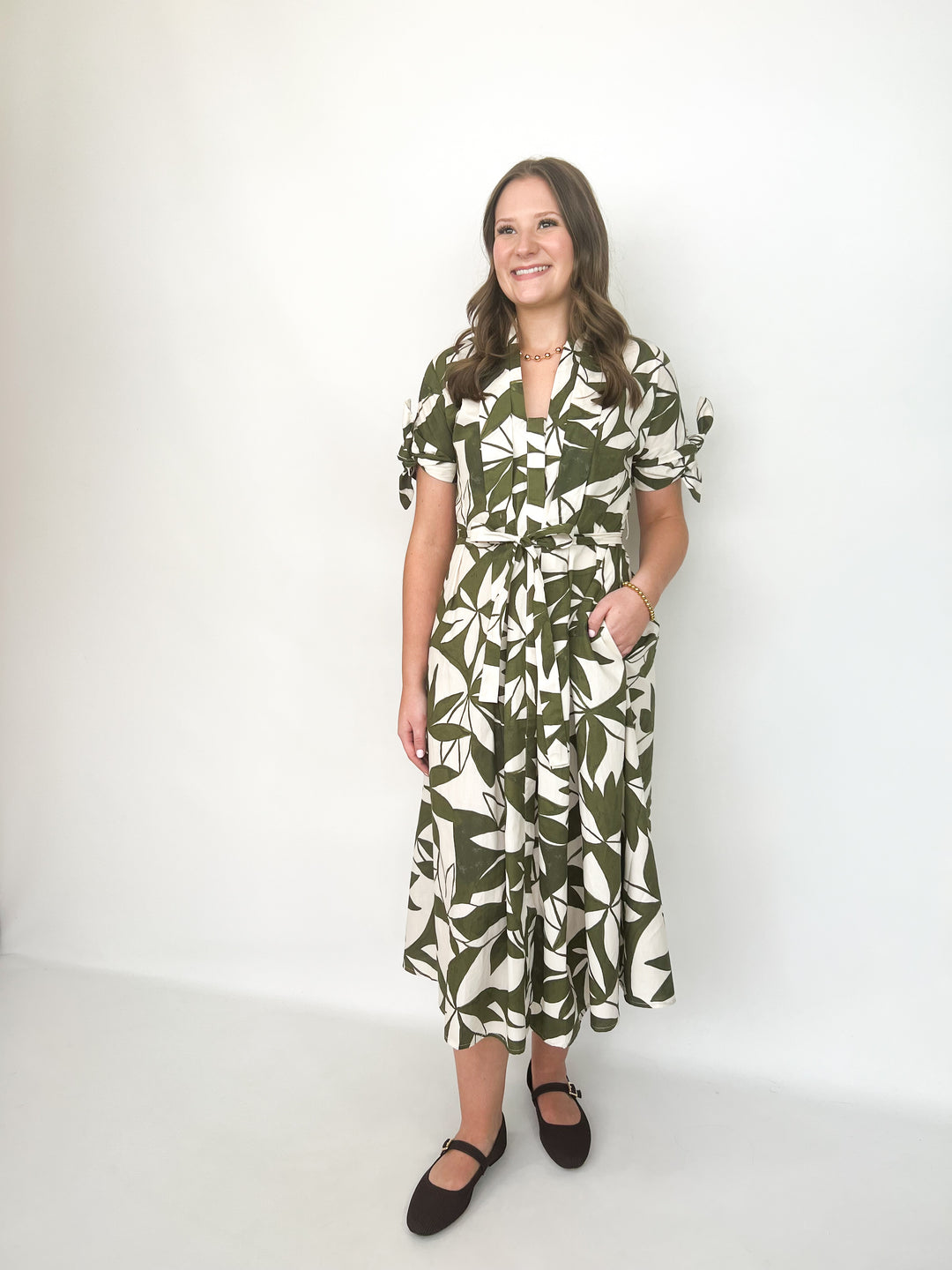 Esme - Olive Printed Tie Waist Midi Dress