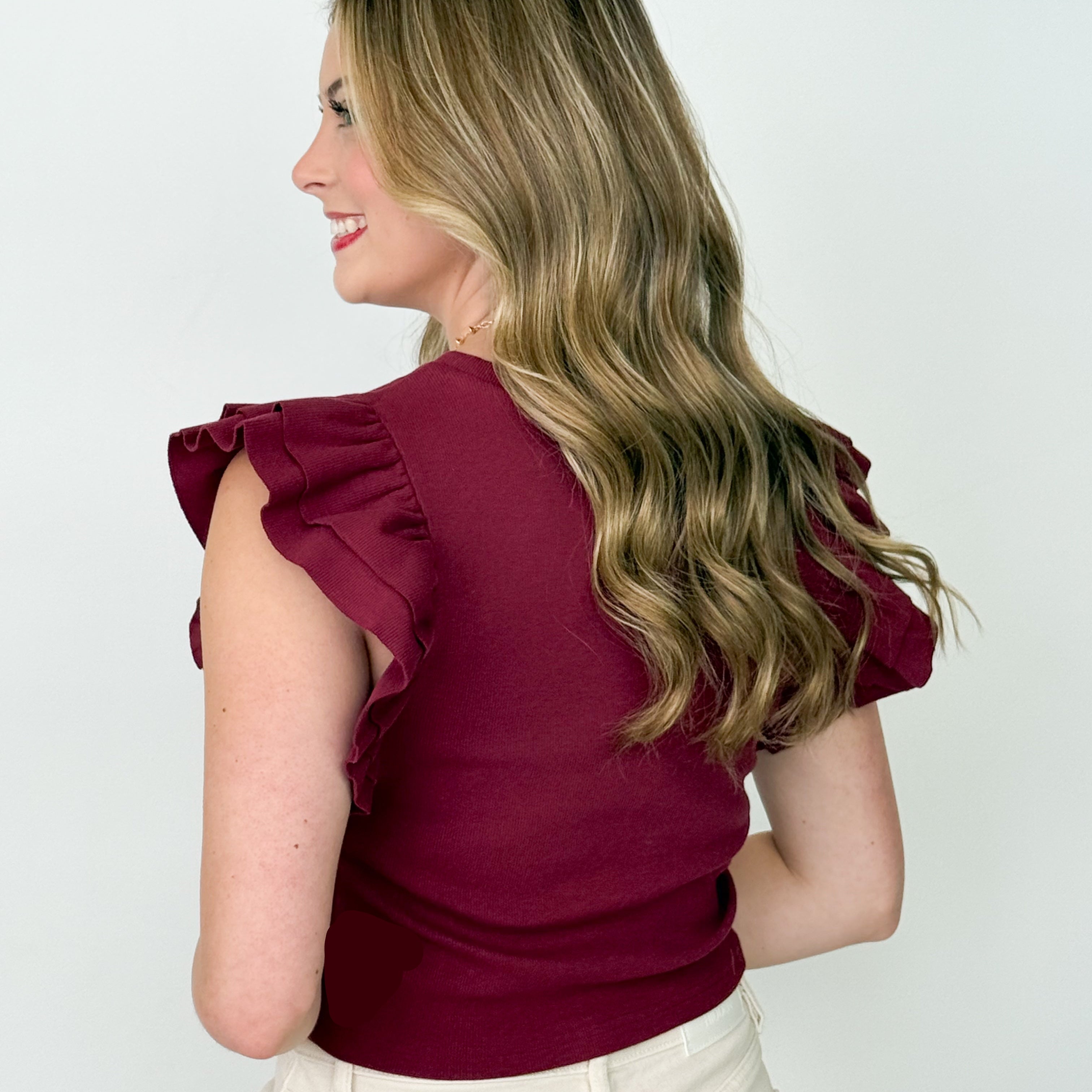 Addy - Ribbed Ruffle Sleeve Top (Maroon)