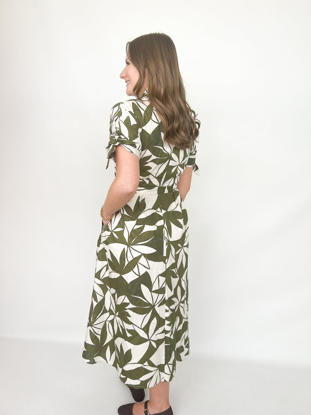 Esme - Olive Printed Tie Waist Midi Dress