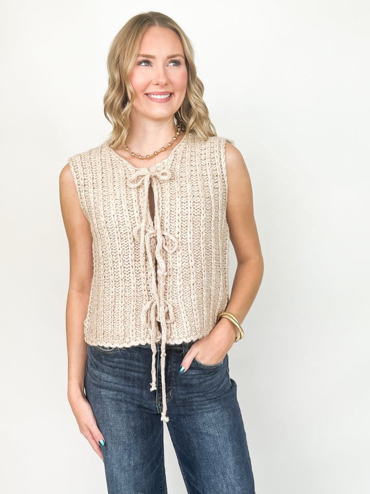 Makenzie - Front Tie Sweater Vest (Oatmeal)